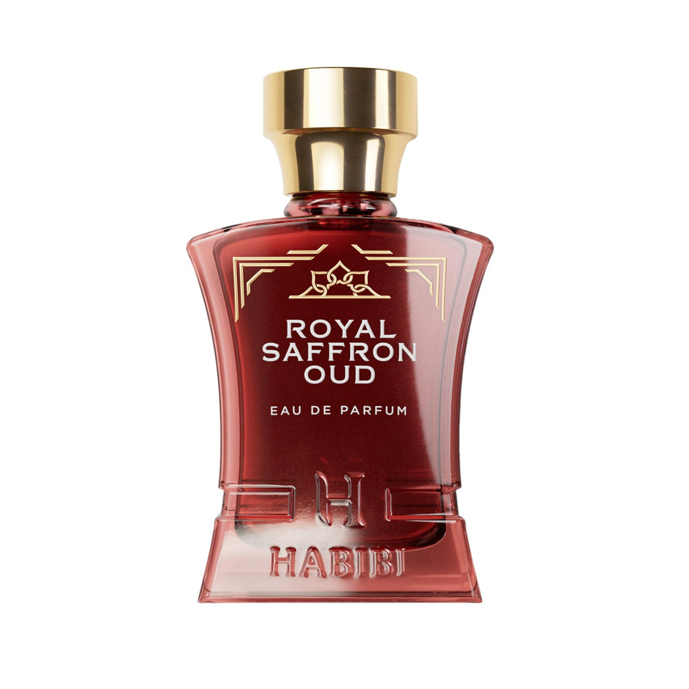H HABIBI Royal Saffron Oud bottle front view showing lasting fragrance