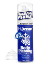 H2Ocean Body Piercing Foam Soap bottle front displays vegan, gentle cleansing for sensitive skin.