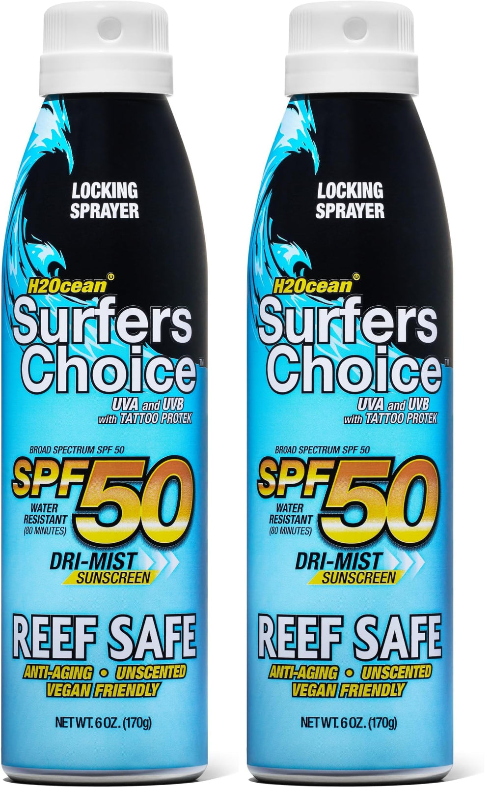 H2Ocean Surfers Choice sunscreen spray bottle front showing UV protection