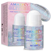 Hacjkaz roll-on bottle front shows rainbow holographic glitter for festive face and hair looks.