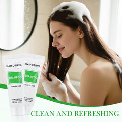 HAIFOTRVA mini shampoo 30ml tube shows compact size for on-the-go travel.