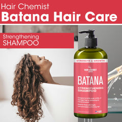 Hair Chemist Batana Strengthening Shampoo packaging shows large 33.8 oz bottle