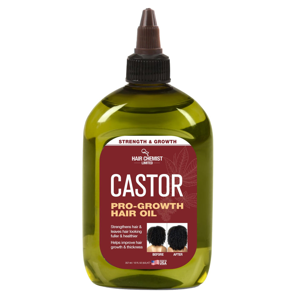 Hair Chemist Pro-Growth castor oil bottle highlights nourishing scalp care for healthier hair