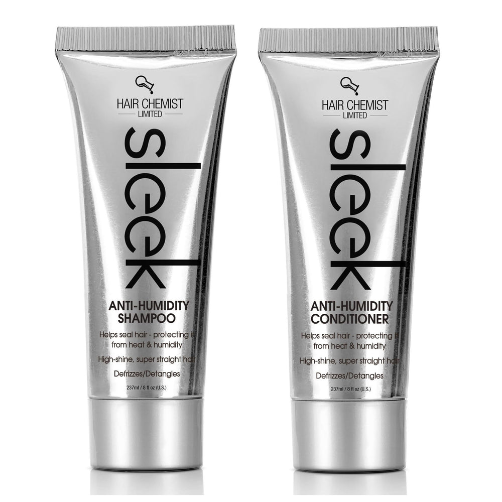 Hair Chemist SLEEK shampoo tube demonstrates anti humidity protection for sleek, frizz free hair