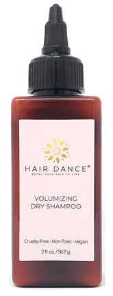 Hair Dance dry shampoo powder bottle with grapefruit scent for quick refresh on the go
