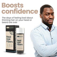Hair Illusion natural hair fibers close-up blending with existing hair for a seamless look.