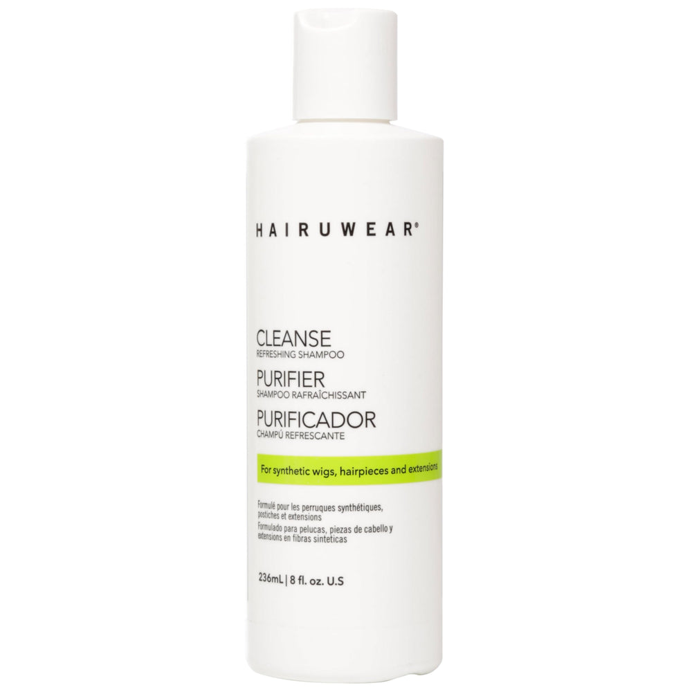 Hair U Wear cleansing shampoo bottle demonstrates gentle cleaning for synthetic wigs