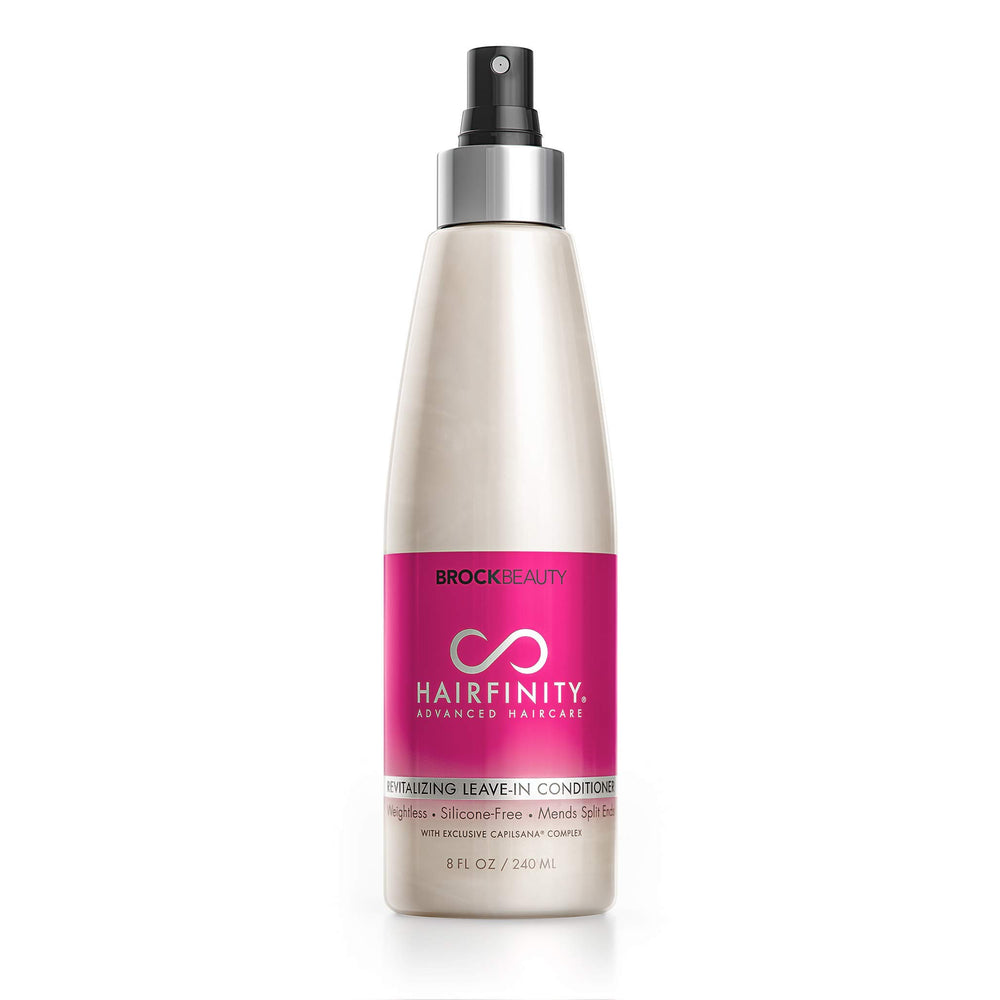 Hairfinity Revitalizing Leave-In Conditioner bottle with nourishing, frizz-control formula.