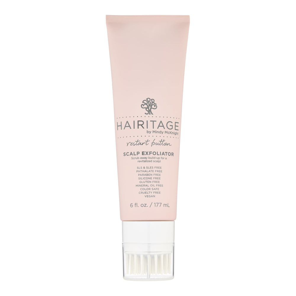 Hairitage Restart Button Scalp Exfoliator bottle closeup highlights premium packaging and ease of use.
