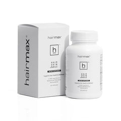 Hairmax capsules closeup showing 60 capsules for hair, skin, nails