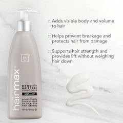 Hairmax Density Booster bottle; liposome-activated formula calms scalp signals.