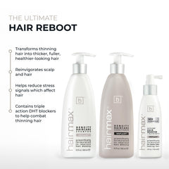 Hairmax Density three-piece packaging; sleek set designed for thinning hair care.
