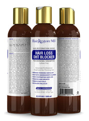 HairRestore MD DHT Blocker Shampoo bottle close-up highlighting a natural, sulfate-free formula for thinning hair.