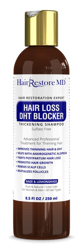 HairRestore MD DHT Blocker Shampoo bottle being poured to support scalp health and fullness.