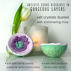Hallu Tropical Beach Geode Bath Bomb crystal dust close-up emphasizes sparkling texture.