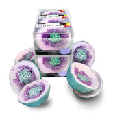 Hallu Tropical Beach Geode Bath Bomb pack 6 front view showcasing tropical scent and color.