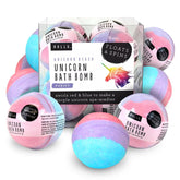 Hallu Unicorn Bath Bomb featuring mango peach vanilla scent for a relaxing tub aroma.