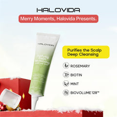 HALOVIDA texture close-up shows fine particles for gentle scalp exfoliation