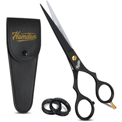 Hamdan 6.5-inch matte black hair scissors with sharp blades for precise cuts.