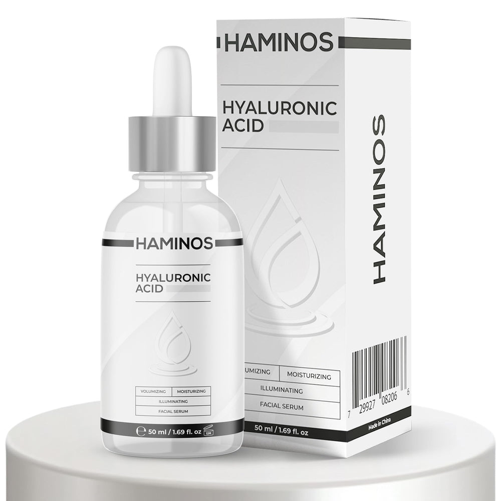 HAMINOS serum bottle highlighting deep hydration from hyaluronic acid.