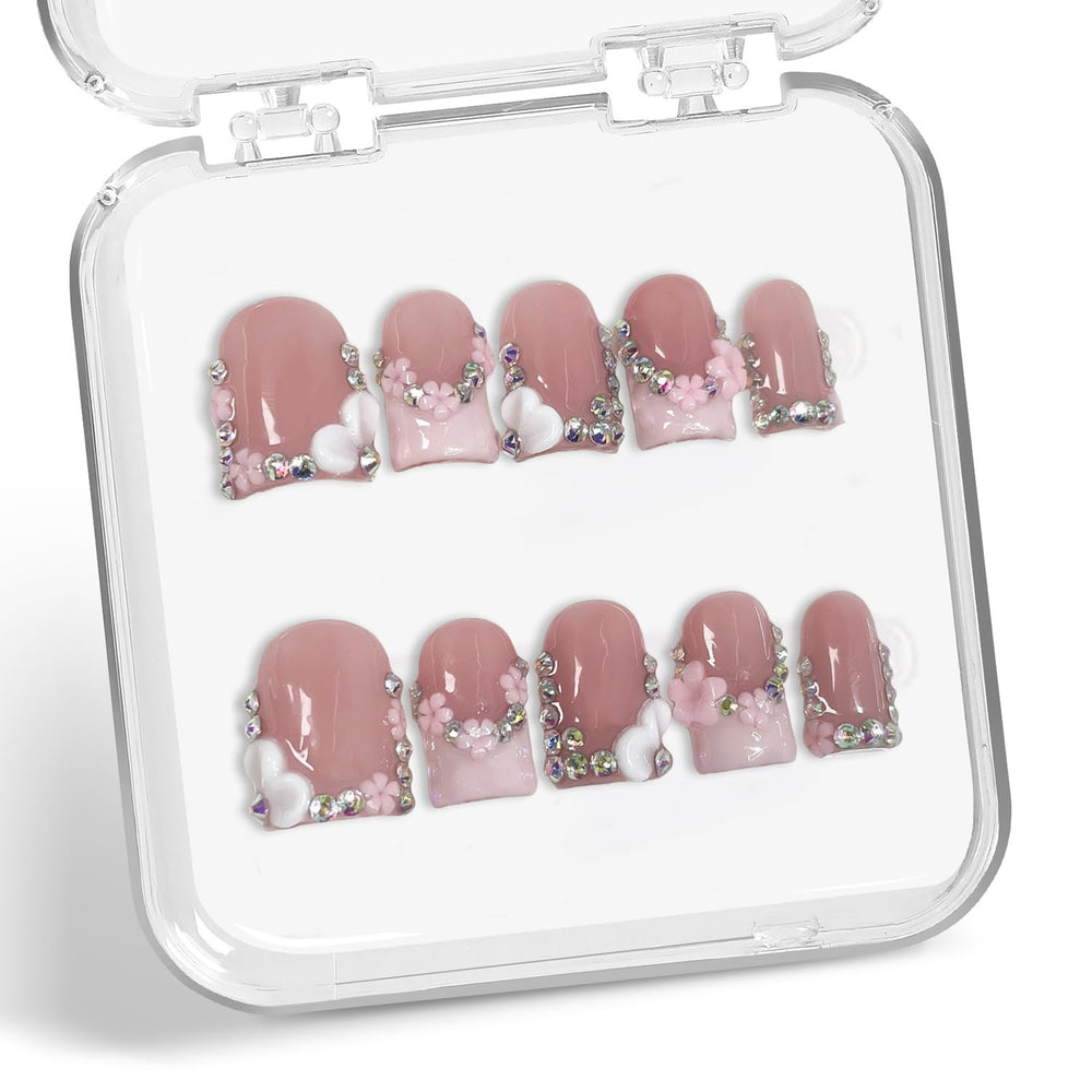 Handmade press on nails with 3D floral pink design for elegant nails