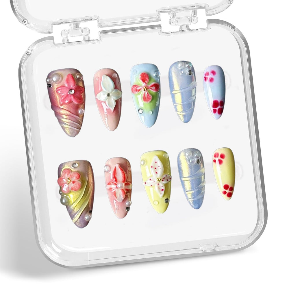 Handmade flower press on nails with 3D pearls for chic look.