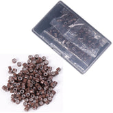 HandWig micro beads in brown invisible links for seamless extensions.