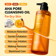 Texture gel-oil feel of Hanskin AHA Pore Cleansing Oil for cleansing and hydration.