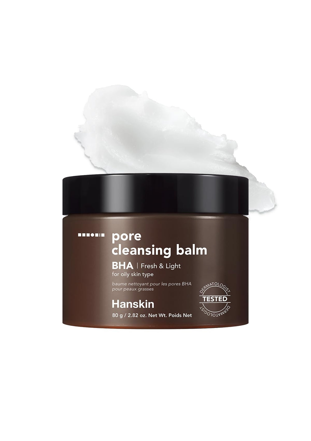 Hanskin BHA Pore Cleansing Balm jar close-up for gentle makeup removal.