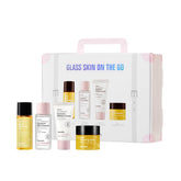 Hanskin Glass Skin On-the-Go Kit packaging highlights travel-friendly ritual for glowing, hydrated skin.