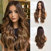 Haoland long ombre brown wavy wig front view with natural hairline and volume.