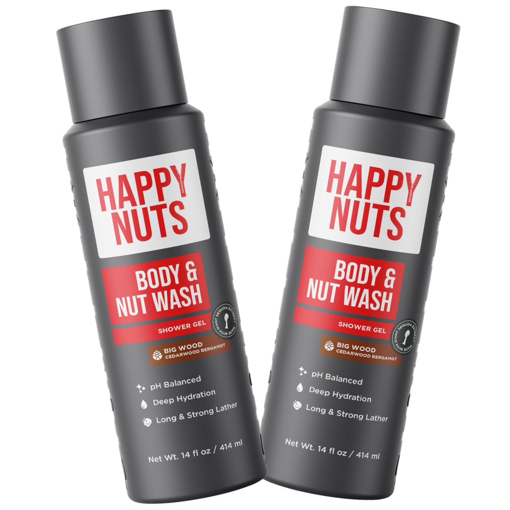 Happy Nuts Big Wood Body Wash bottle ready for a refreshing daily cleanse.