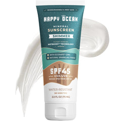 Happy Ocean SPF 45 shimmer sunscreen bottle showing sparkling finish and protection