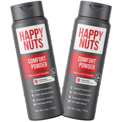 Happy Nuts Comfort Powder bottle front view highlighting branding and all-day comfort