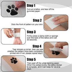 Closeup of Harloon paw print sheet tattoos — vibrant black ink