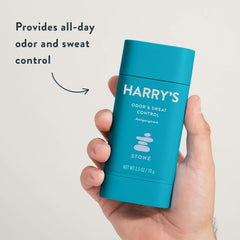 Harry's Stone deodorant with ginger root and bisabolol for gentle care.