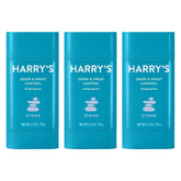 Harry's Stone 3-pack deodorant on bathroom shelf for daily freshness.