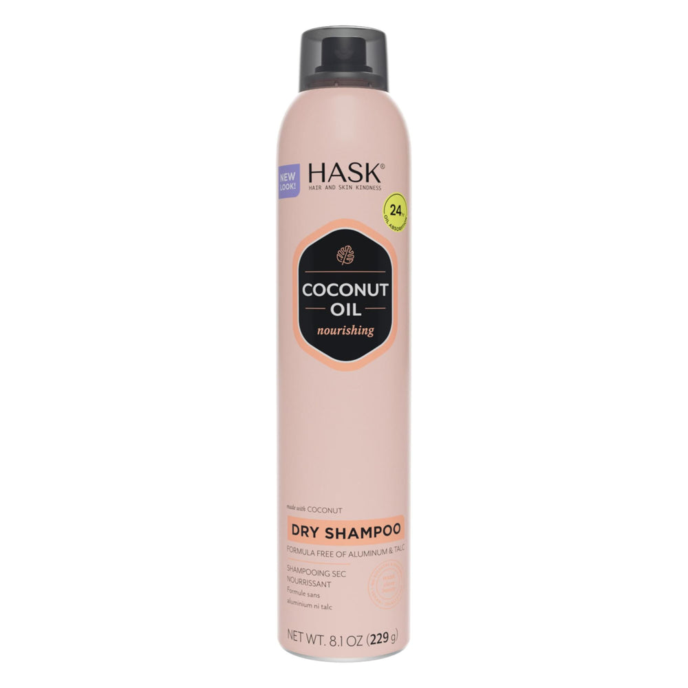 HASK coconut oil nourishing dry shampoo bottle highlights hydration and oil absorption.
