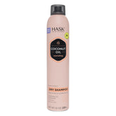 HASK coconut oil nourishing dry shampoo bottle highlights hydration and oil absorption.