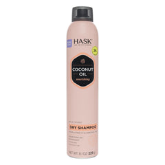 HASK coconut oil nourishing dry shampoo bottle highlights hydration and oil absorption.