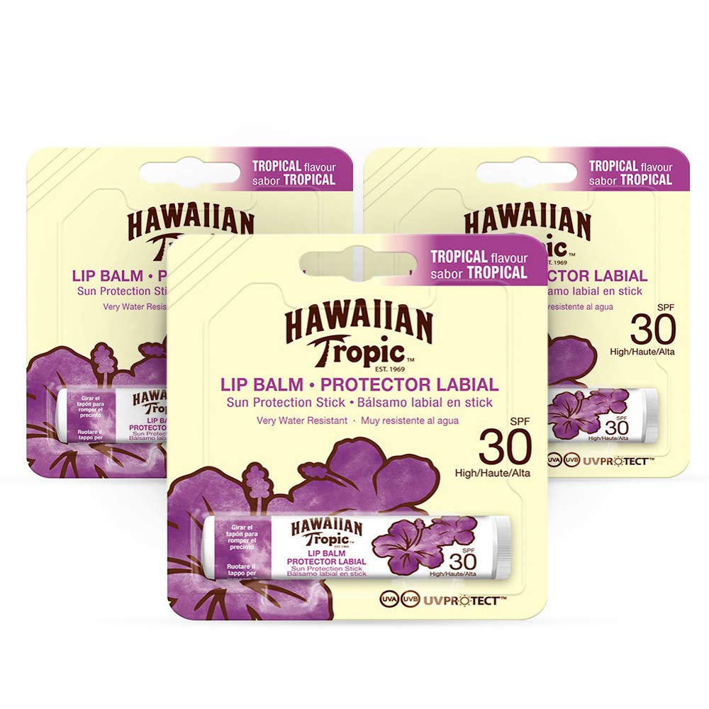 Hawaiian Tropic lip balm pack-3 with SPF 30 for on-the-go protection.