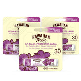 Hawaiian Tropic lip balm pack-3 with SPF 30 for on-the-go protection.