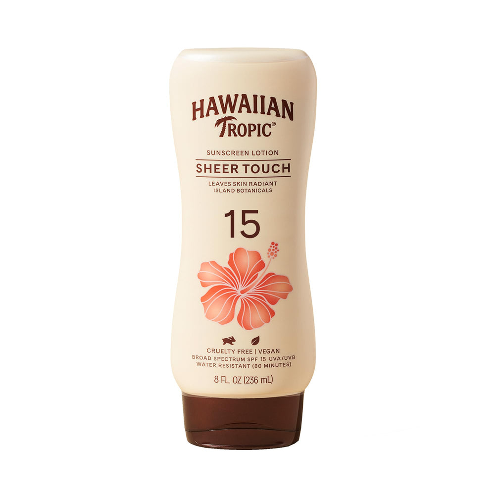 Hawaiian Tropic Sheer Touch SPF 15 bottle with oil-free sun protection