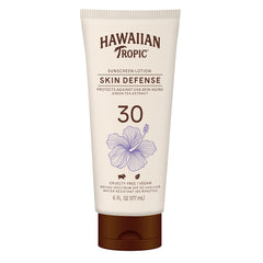 Hawaiian Tropic Skin Defense SPF 30 bottle front with tropical scent.