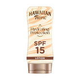 Hawaiian Tropic SPF15 Silk Hydration Lotion bottle with tropical fragrance protects and moisturizes.