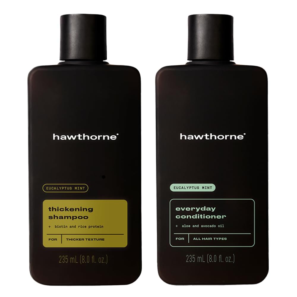 Hawthorne Thicker Hair Shampoo bottle front, refreshing daily cleanse for hair care routines.