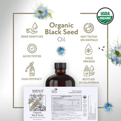 HBNO Organic Black Seed Oil label highlighting USDA Organic certification.