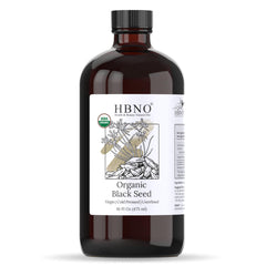 HBNO Organic Black Seed Oil 16oz bottle, ideal for skincare and hair care.