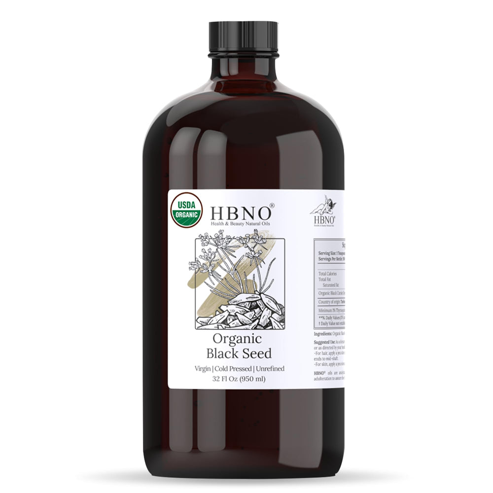 HBNO Organic Black Seed Oil 32oz bottle ready for skin and hair care.