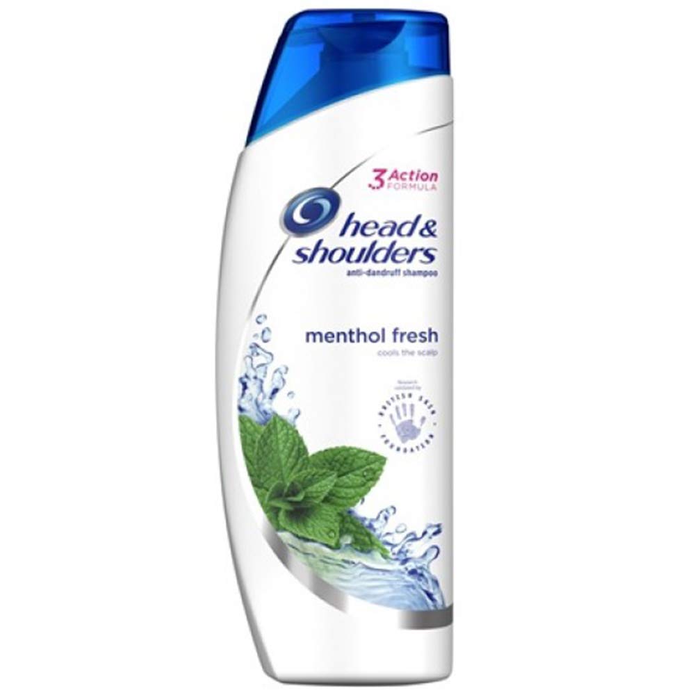 Head & Shoulders Cool Menthol shampoo bottle highlights refreshing anti-dandruff care for all hair types